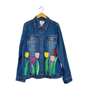 Quacker Factory Sz XL Denim Jean Funky Art-to-Wear Tulip Floral Blazer Jacket